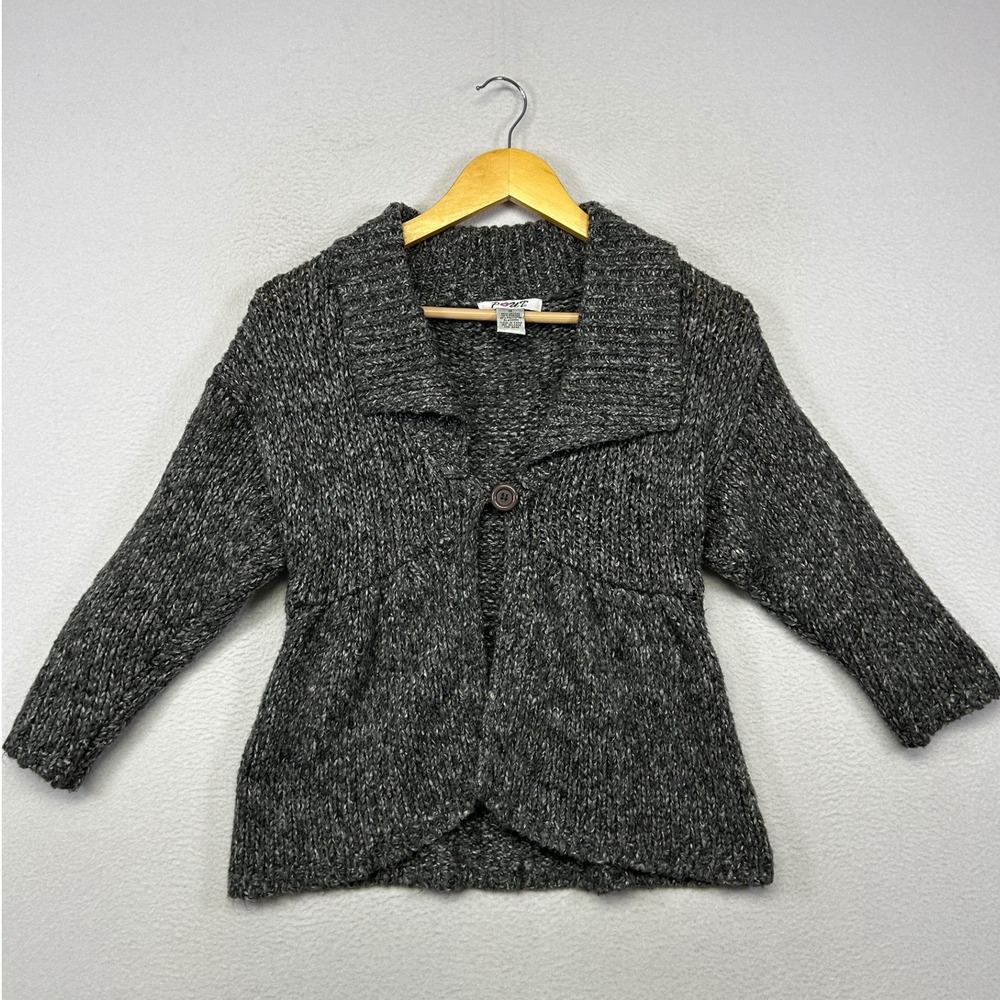Boho Cottagecore Pout Women M Gray Marled Chunky Knit Single Button Cardigan